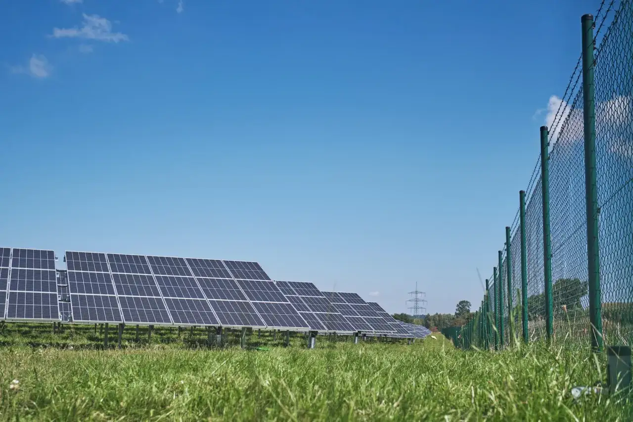 Lignes de panneaux solaires photovoltaïques sous un ciel bleu clair, bordées par une clôture grillagée.