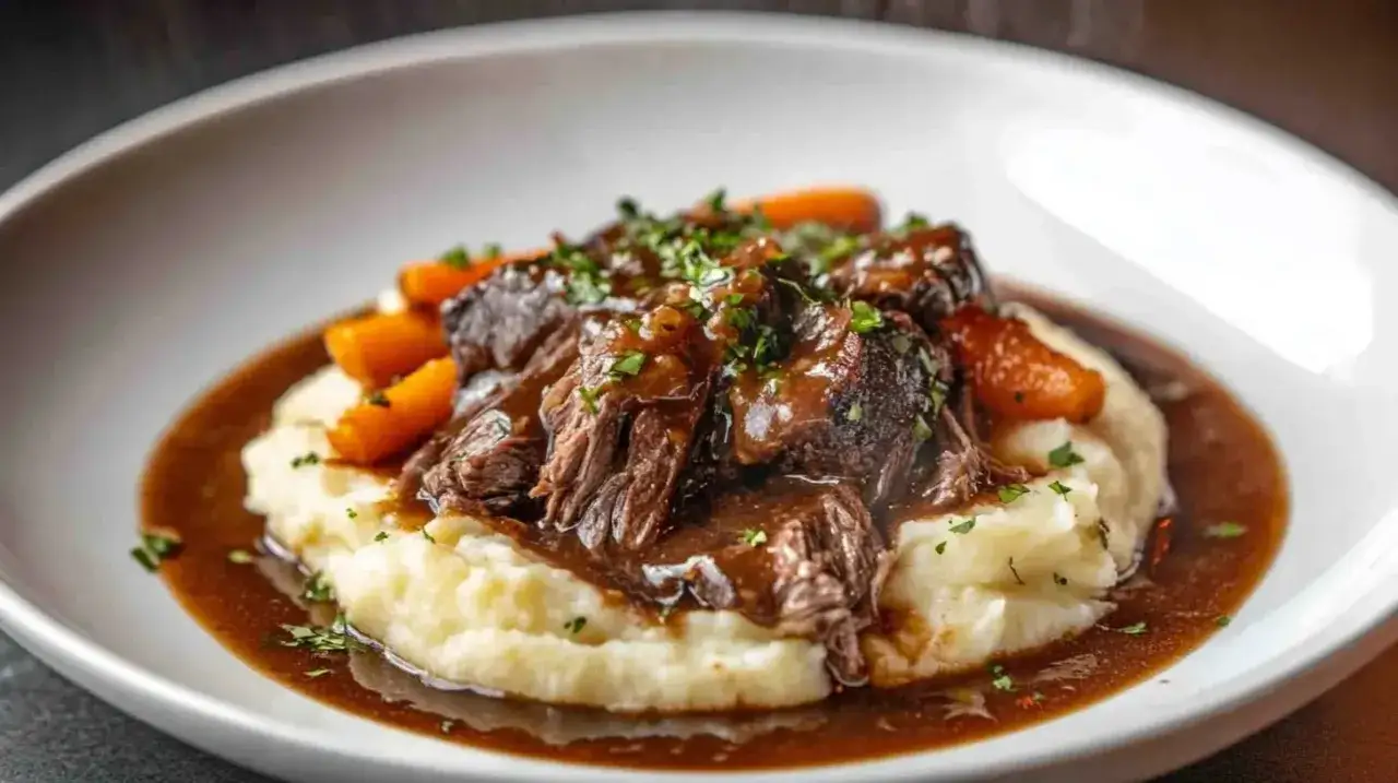 Un plat r&eacute;confortant de roti de boeuf basse temp&eacute;rature, servi sur une pur&eacute;e de pommes de terre cr&eacute;meuse avec des carottes et napp&eacute; d'une sauce riche.