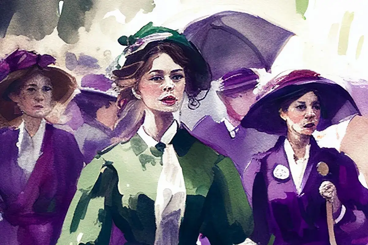 Kobiety w kapeluszach, symbol emancypacji kobiet i pozytywizm, idą pod parasolami.
