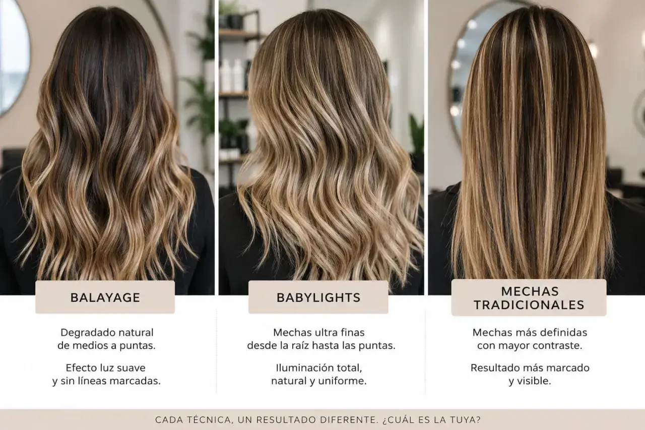 Comparativa de babylights vs balayage: tres estilos de mechas, desde un degradado natural hasta mechas finas y tradicionales, mostrando diferentes efectos de color.
