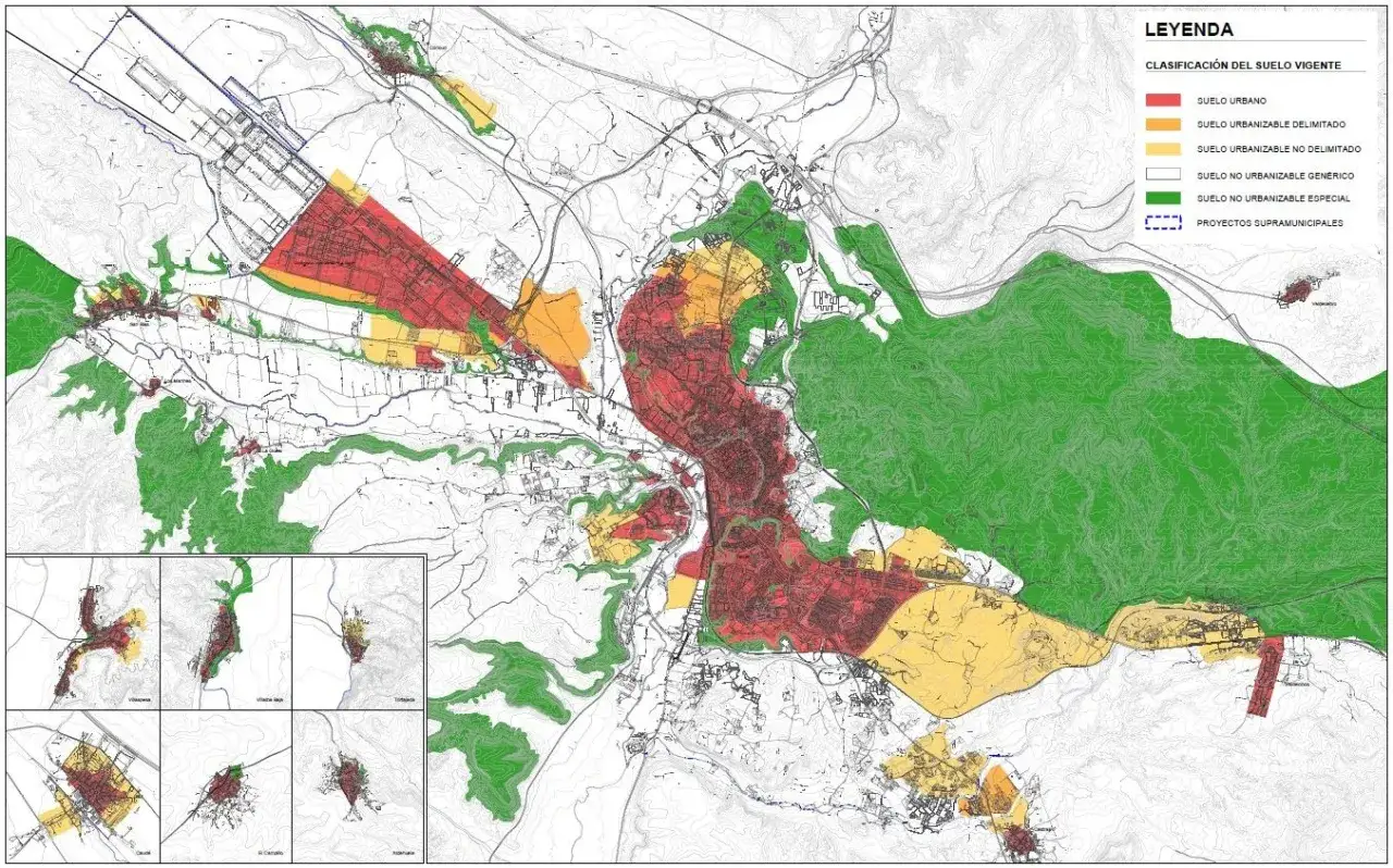 Mapa de zonificación urbana con áreas de suelo urbano (rojo), urbanizable (naranja/amarillo) y no urbanizable (verde). Muestra el **terreno urbano no consolidado** y su expansión.