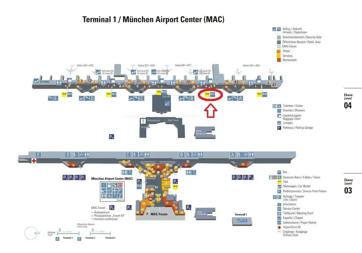 Plan lotniska w Monachium, Terminal 1. Czerwona strzałka wskazuje przystanek TAXI BUS.