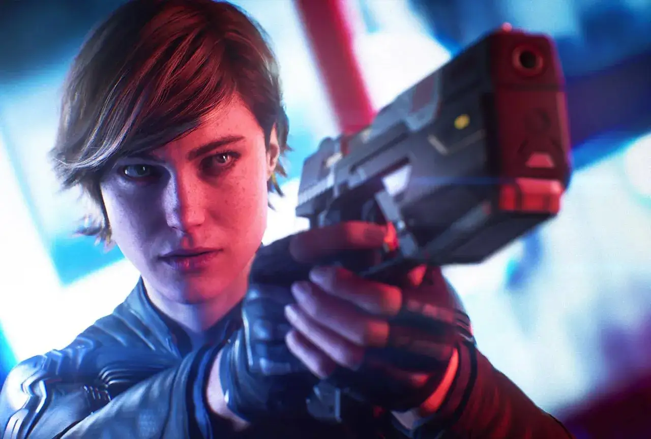 Kobieta z pistoletem, wpatrzona w mrok. Jej twarz oświetlona jest czerwonym i niebieskim światłem, co nadaje jej wygląd z gry **perfect dark**.