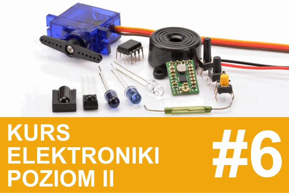 Zestaw elementów elektronicznych: serwo, diody, buzzery, przyciski. Dowiedz się, pwm co to jest i jak działa w kursie elektroniki.
