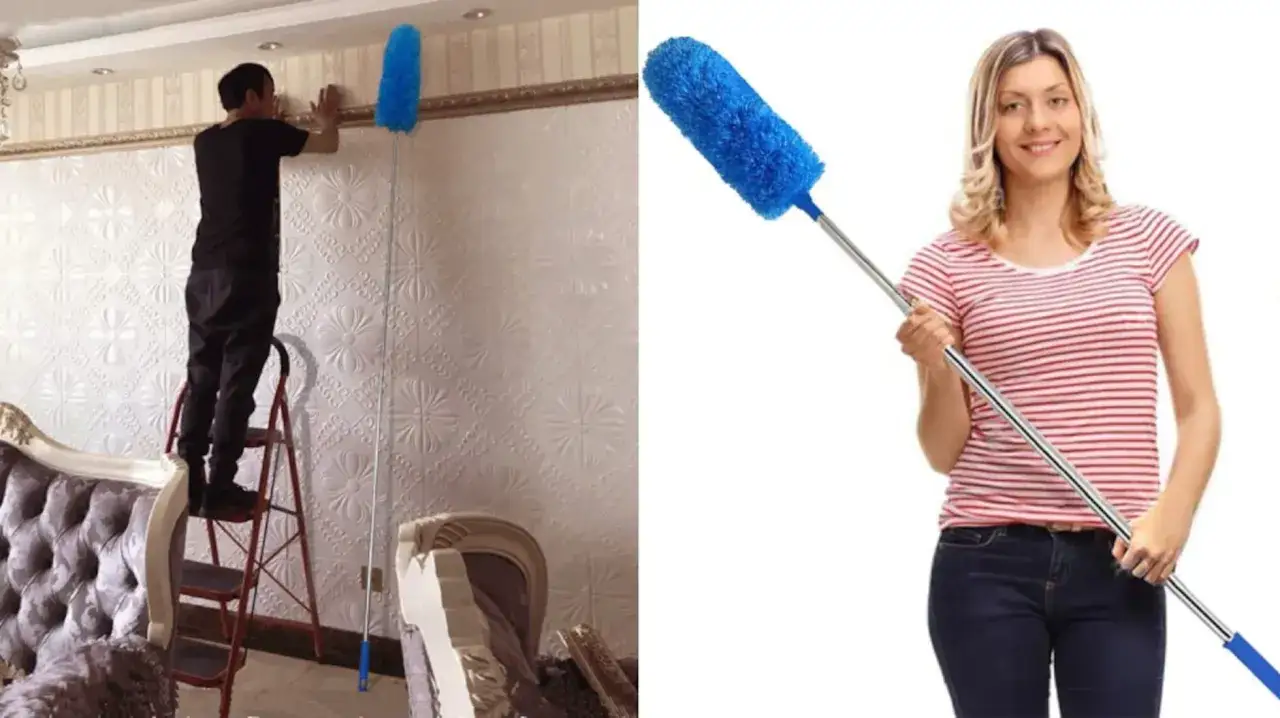 Hombre en escalera limpiando paredes con plumero extensible. Mujer sonriente con el mismo plumero.