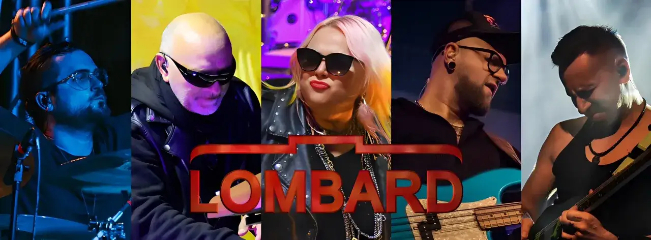 Członkowie zespołu muzycznego Lombard na scenie: perkusista, gitarzysta basowy, wokalistka, gitarzysta.