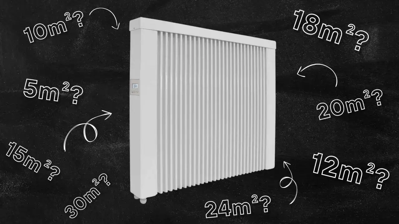 Jaki grzejnik do pokoju 15m2? Biały grzejnik elektryczny otoczony pytaniami o powierzchnię pomieszczeń: 5m&sup2;, 10m&sup2;, 12m&sup2;, 15m&sup2;, 18m&sup2;, 20m&sup2;, 24m&sup2;, 30m&sup2;.