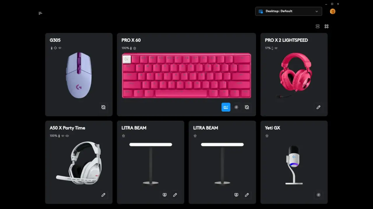 Logitech Hub pokazuje r&oacute;żową klawiaturę PRO X 60, myszkę G305, słuchawki PRO X 2 LIGHTSPEED, zestaw A50 X Party Time, lampki LITRA BEAM i mikrofon Yeti GX.