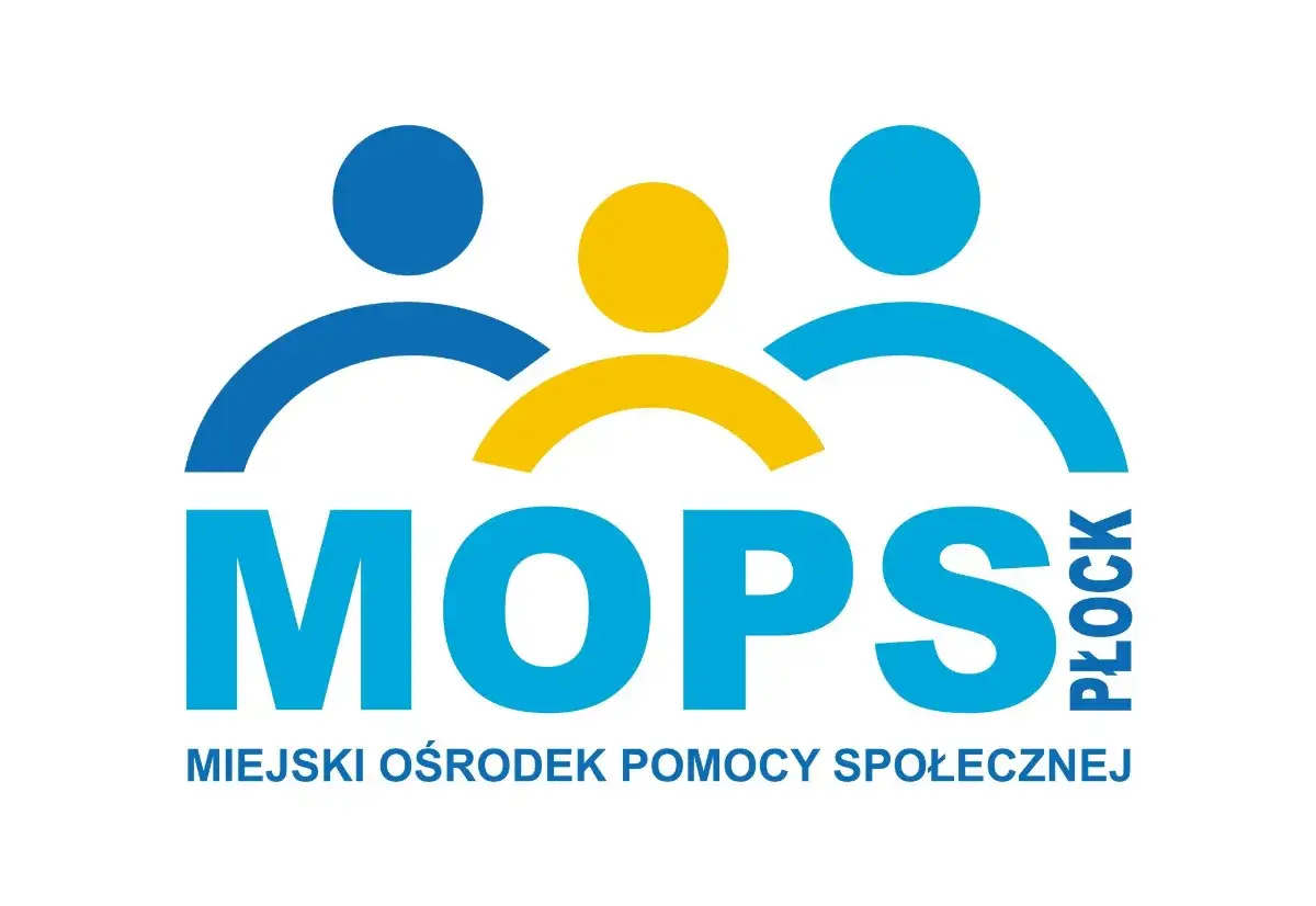 Logo MOPS Płock. Trzy stylizowane postacie symbolizują wsparcie. Pomoc dla osób z lekkim stopniem niepełnosprawności, zasiłek z MOPS.