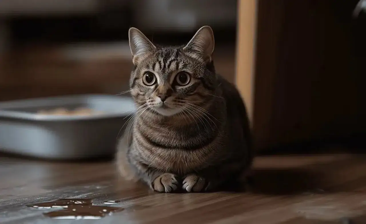 Getigerte Katze sitzt neben einem kleinen Wasserfleck auf dem Boden. Vielleicht ein kleiner Rückschlag beim stubenrein bekommen.