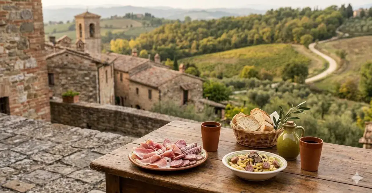 Un perfetto weekend in Umbria: salumi, pasta al tartufo e pane fresco su un tavolo di legno con vista su colline e borghi antichi.