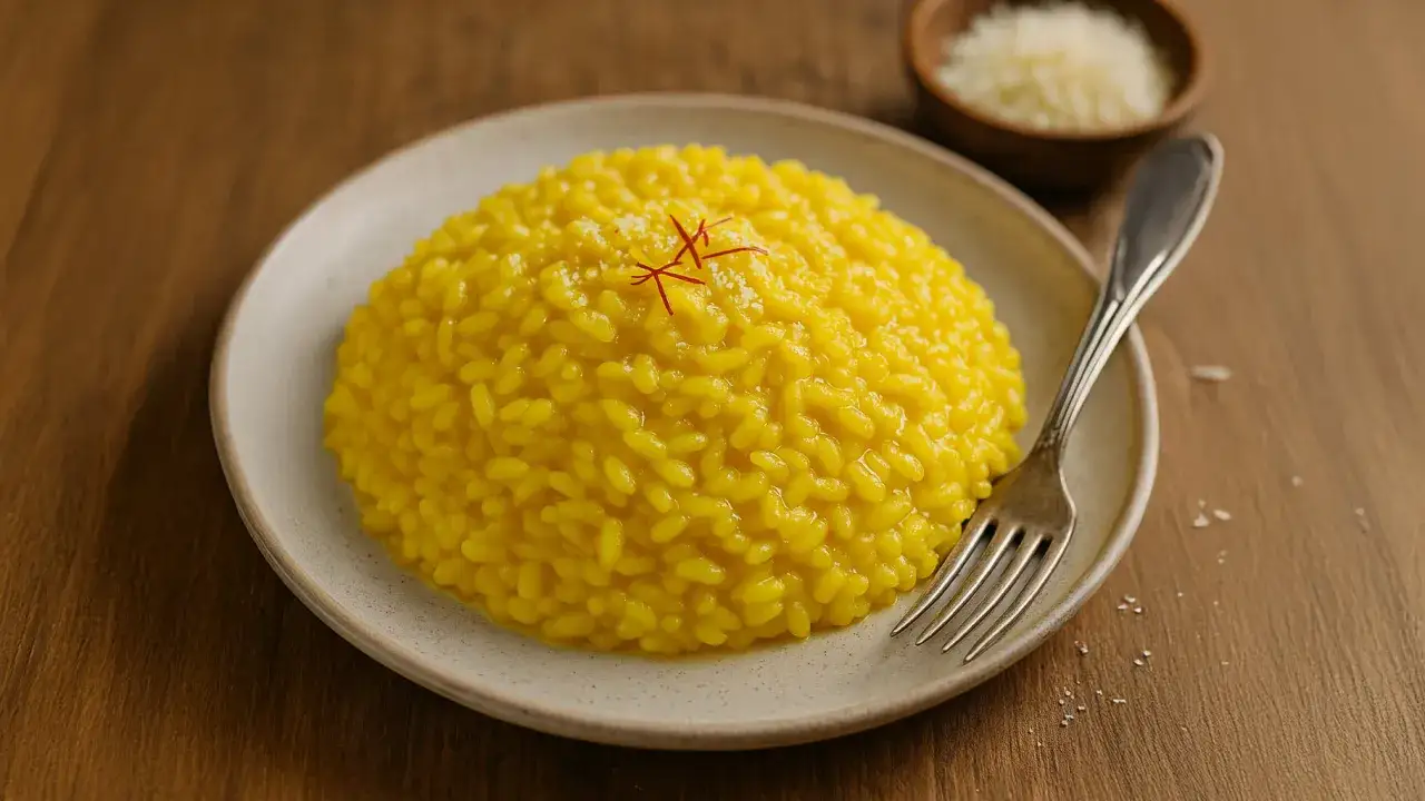 Aksamitne risotto alla milanese, ozdobione nitkami szafranu, czeka na widelcu. Obok miseczka parmezanu.