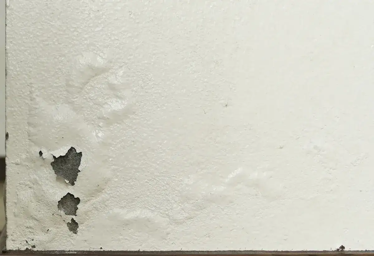 Rigonfiamento muro interno con pittura scrostata e zone umide visibili.