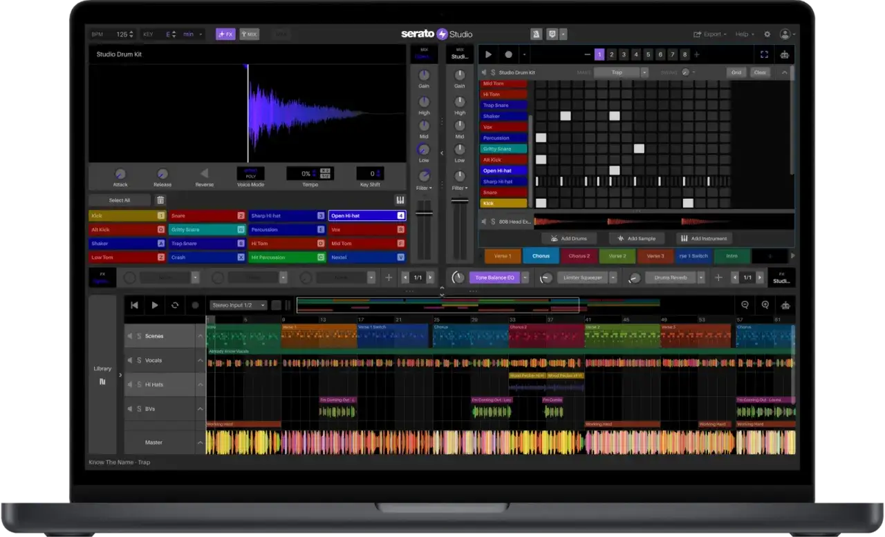 Interface de logiciel de production musicale affichant des pistes audio et des grilles de batterie pour créer des compositions musicales.