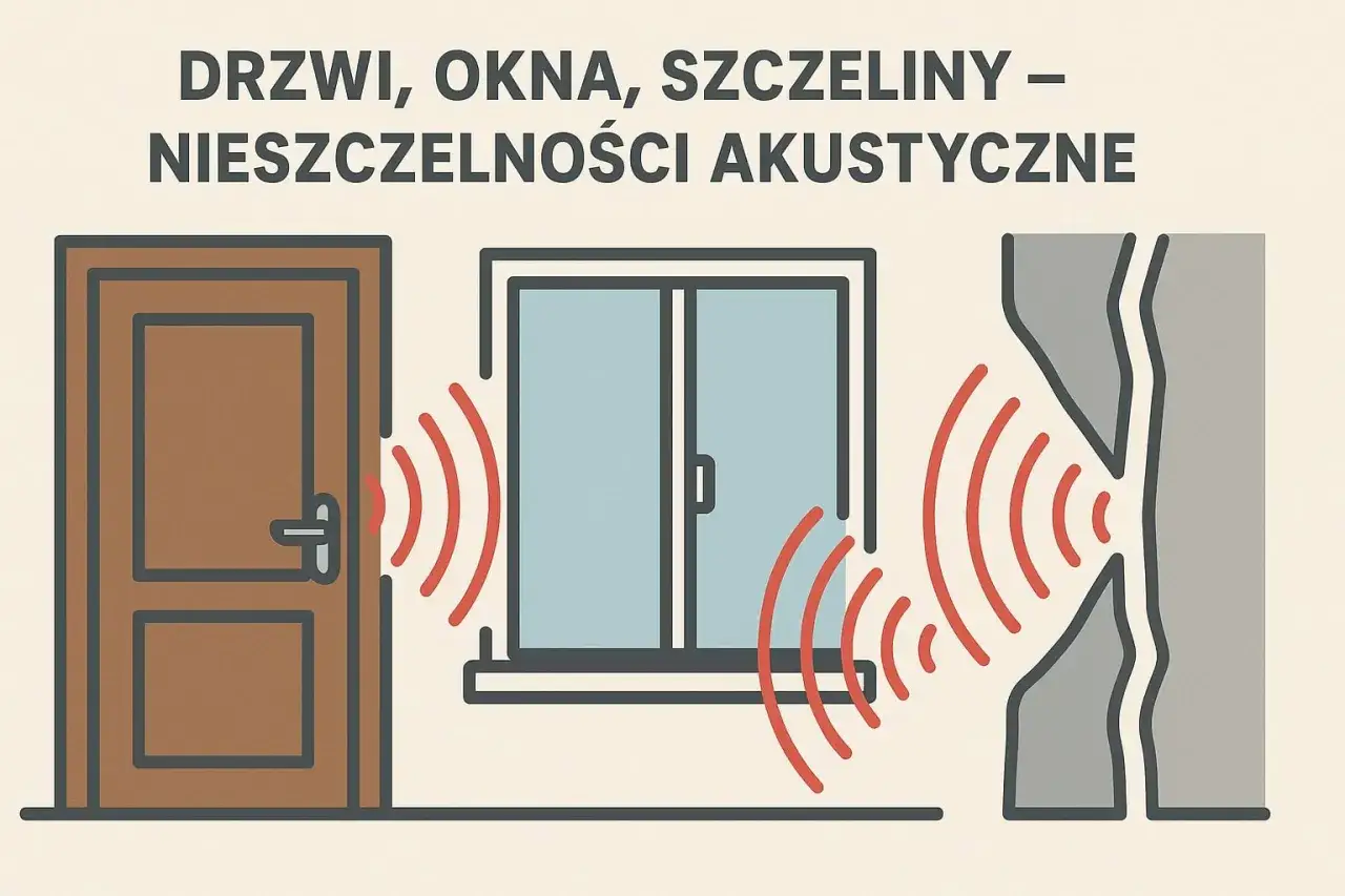 Drzwi, okna i szczeliny to miejsca, gdzie dźwięk przenika. Ilustracja pokazuje fale dźwiękowe wychodzące z tych element&oacute;w, podkreślając problem nieszczelności akustycznych.