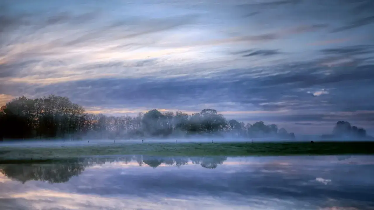 Un photographe paysage capture un lever de soleil brumeux sur un lac calme, reflétant des arbres et un ciel nuageux aux teintes pastel.