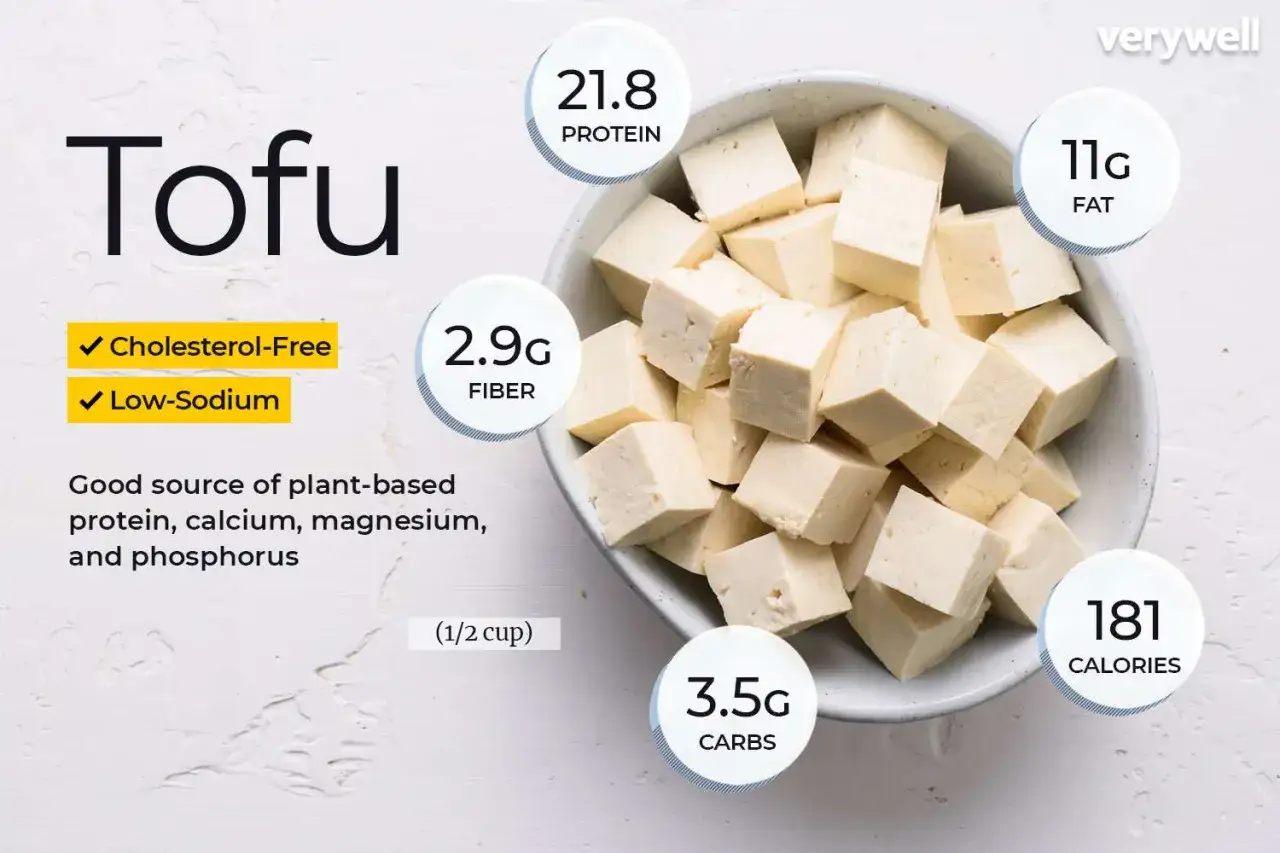 W&uuml;rfel von Tofu in einer Sch&uuml;ssel. Die N&auml;hrwertangaben zeigen, dass man Tofu roh essen kann, er ist reich an Protein und Ballaststoffen.