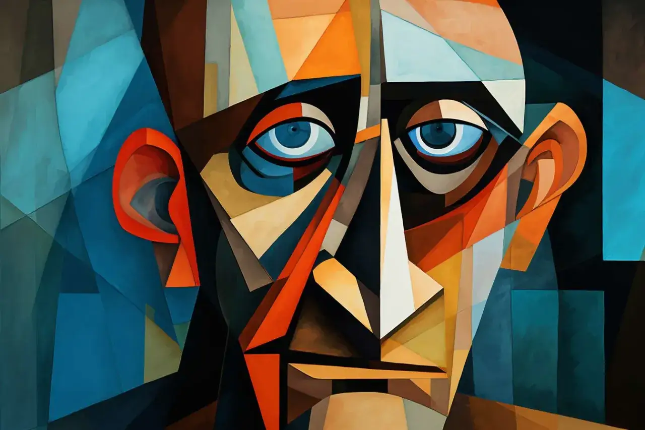 Ansikte i kubistisk stil, som om Pablo Picasso sj&auml;lv hade m&aring;lat det. Geometriska former och starka f&auml;rger.