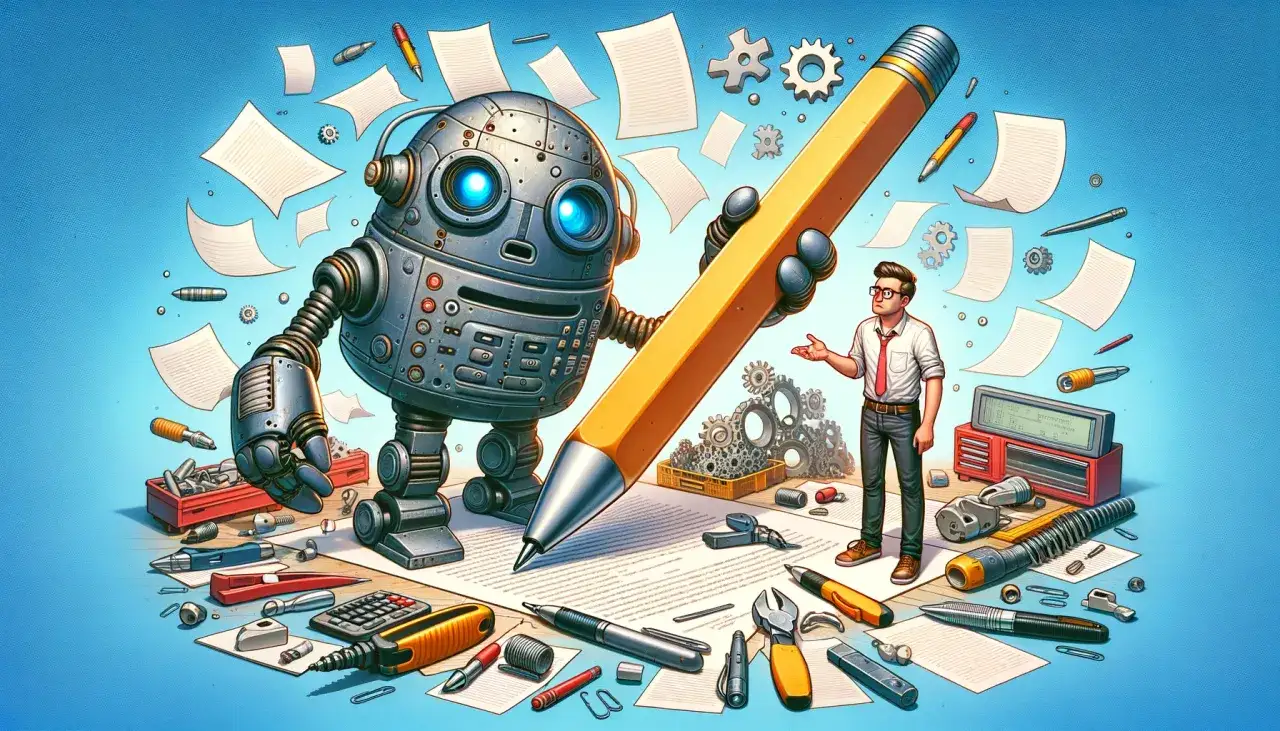 Robot z ołówkiem pomaga człowiekowi zrozumieć, jak napisać instrukcję obsługi urządzenia. Wokół leżą narzędzia i dokumenty.
