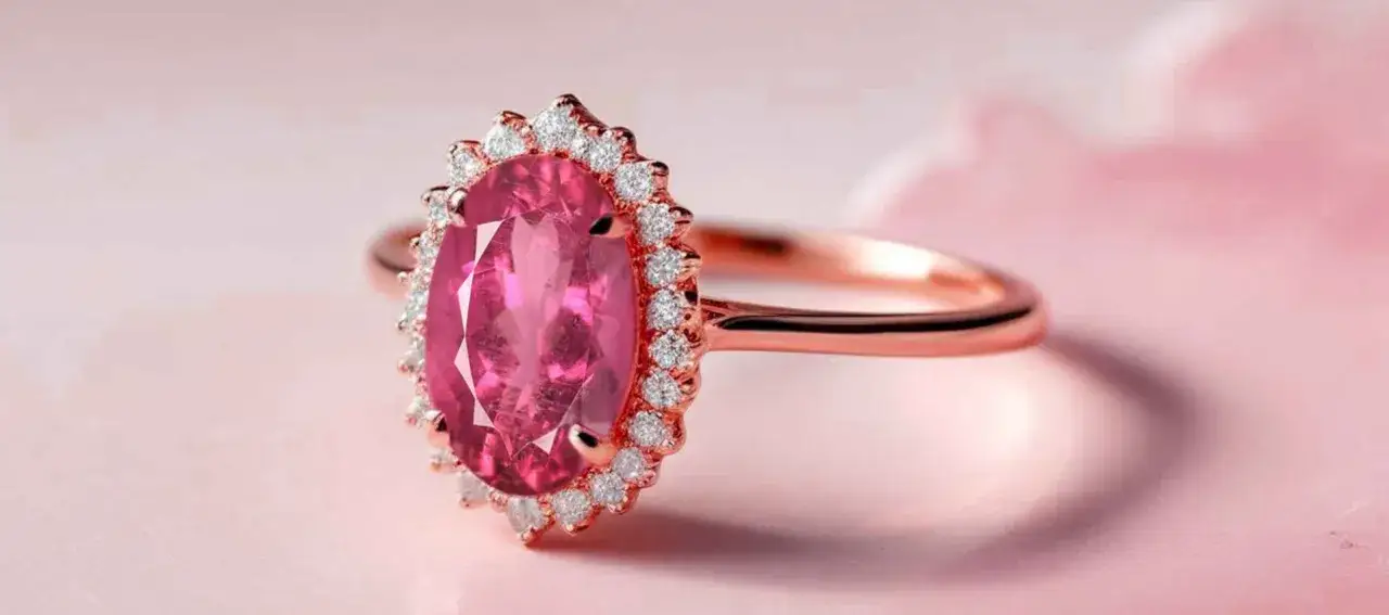 Elegancki pierścionek z różowym turmalinem, kamieniem o mocy znaku zodiaku, otoczony błyszczącymi diamentami.