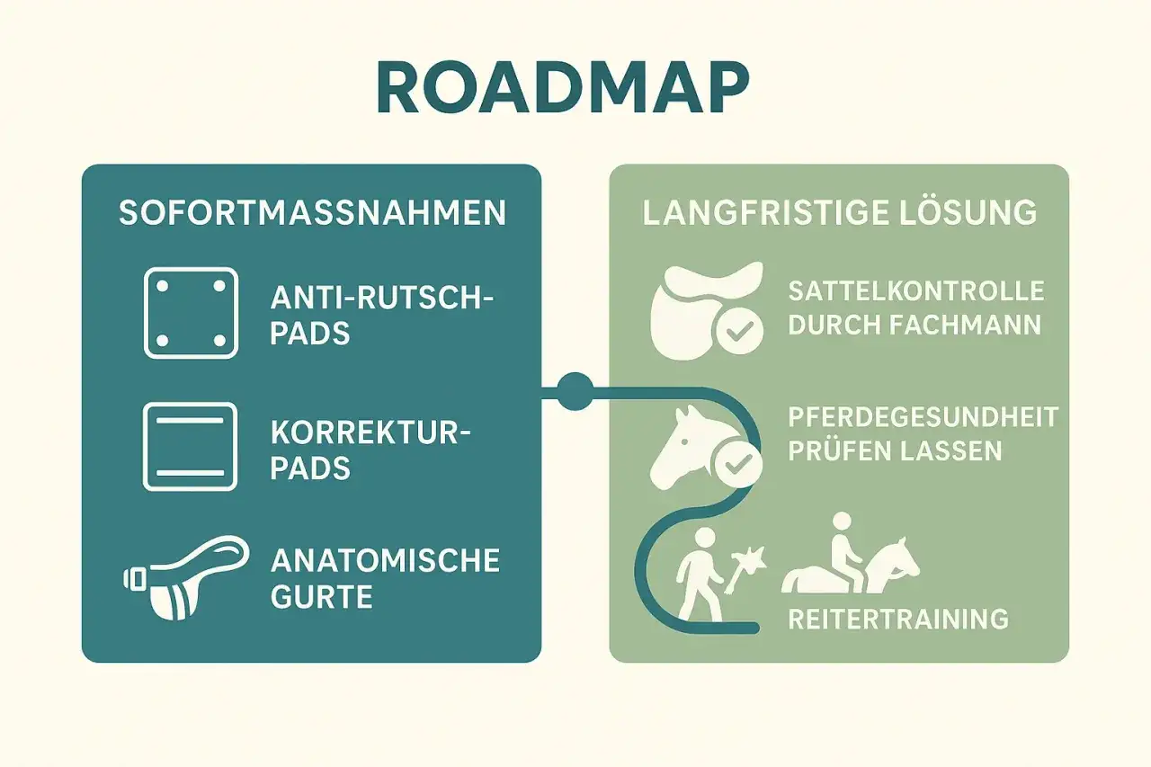 Roadmap f&uuml;r Probleml&ouml;sungen: Sofortma&szlig;nahmen wie Anti-Rutsch-Pads, Korrektur-Pads und anatomische Gurte, gefolgt von langfristigen L&ouml;sungen wie Sattelkontrolle, Pferdegesundheit pr&uuml;fen und Reitertraining.