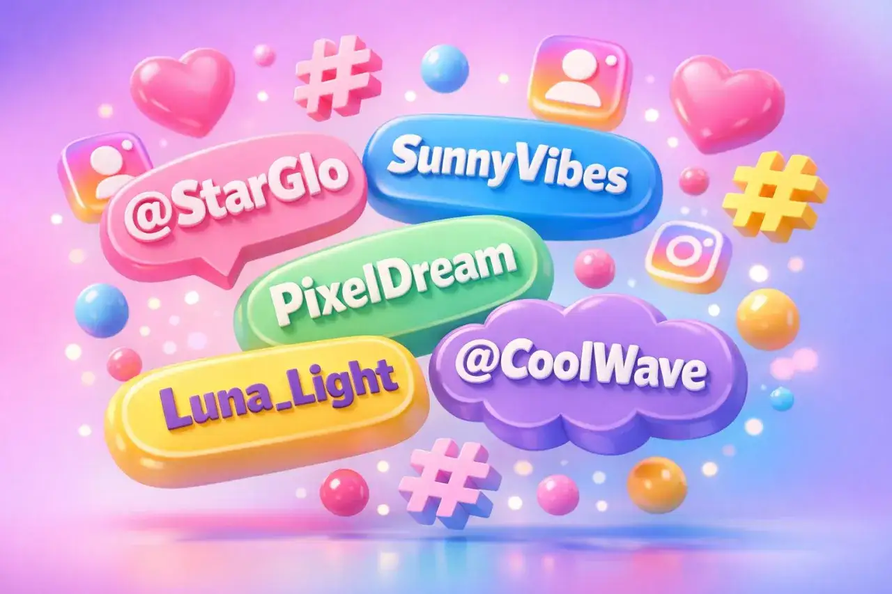 Des bulles colorées flottent avec des pseudo idées comme @StarGlo, PixelDream, Luna_Light, SunnyVibes et @CoolWave.