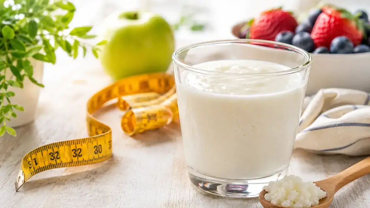 Vaso de k&eacute;fir, frutas y cinta m&eacute;trica. &iquest;Cu&aacute;ndo tomar k&eacute;fir antes o despu&eacute;s de las comidas para una dieta saludable?