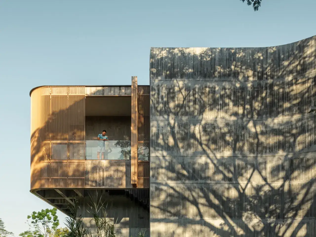 Un hombre en un balc&oacute;n de madera observa la sombra de un &aacute;rbol sobre una pared de concreto, parte de unas modernas ampliaciones de casas.