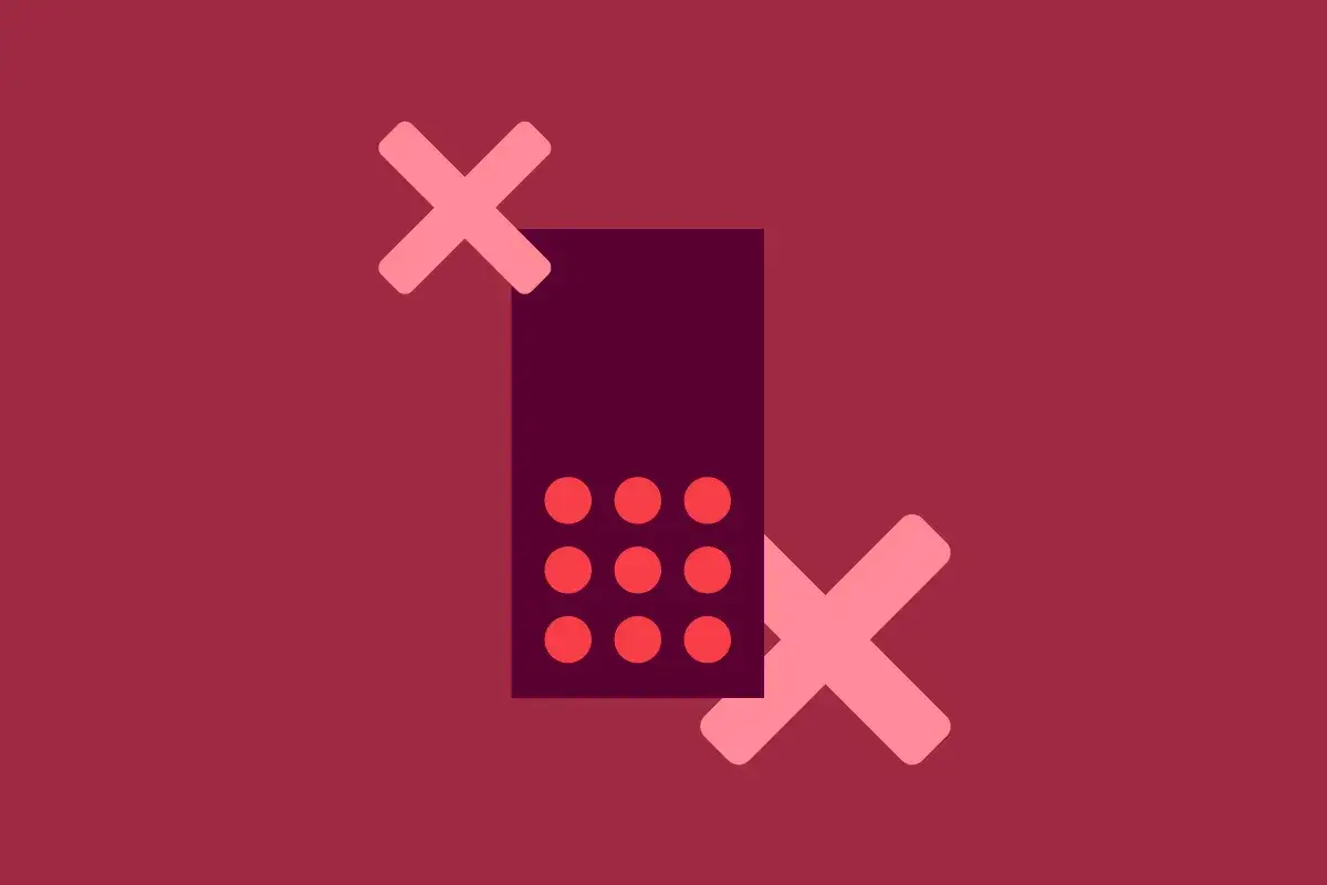 En telefon med siffror och två kryss, som symboliserar ett avvisat bluffsamtal med svenskt nummer.