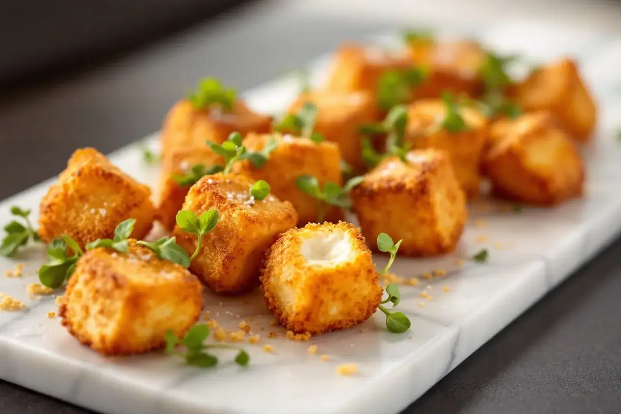Cubes de mozzarella panés et dorés, parfaits pour un barbecue estival. Garnis de quelques pousses vertes et de sel.