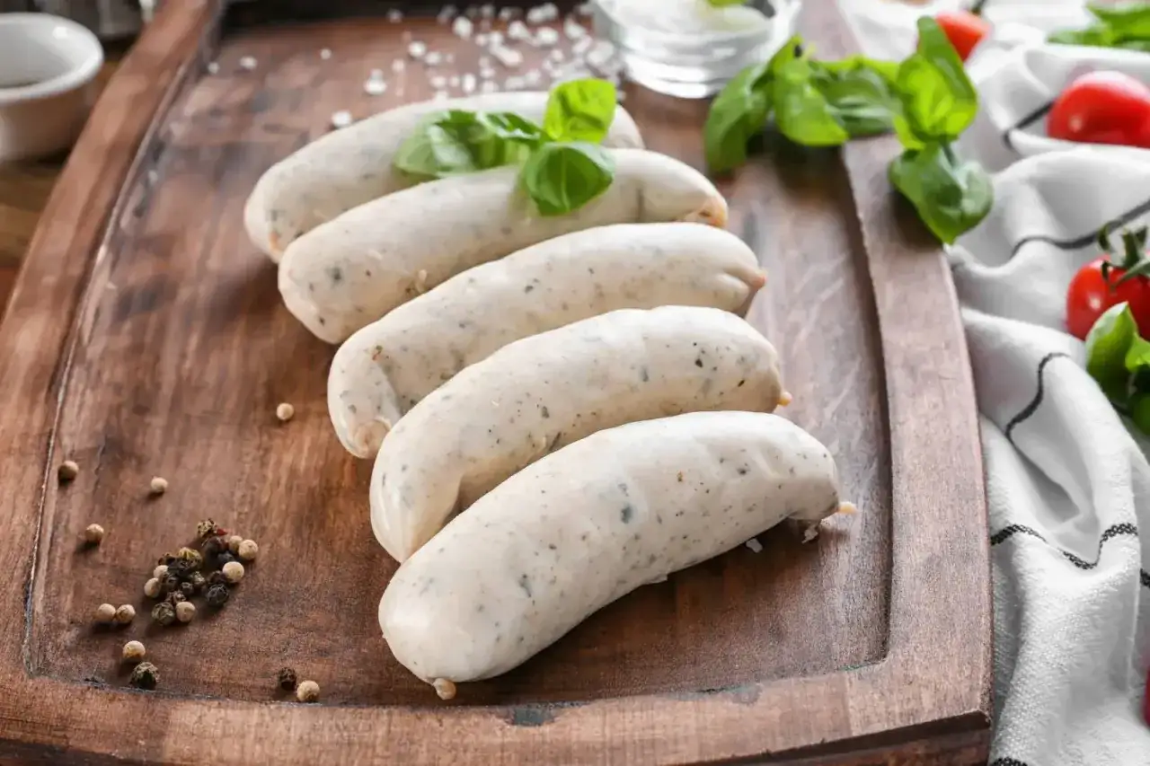 Surowa kiełbasa na desce, gotowa do parzenia. Zioła i pieprz podkreślają jej smak.