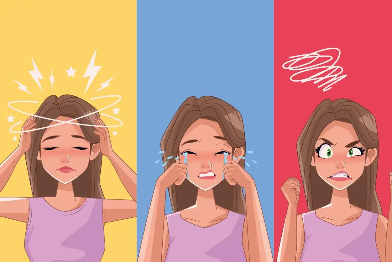 Trois visages féminins exprimant la détresse : vertiges, larmes, colère. Un psychologue peut aider à gérer la test hypersensibilité.