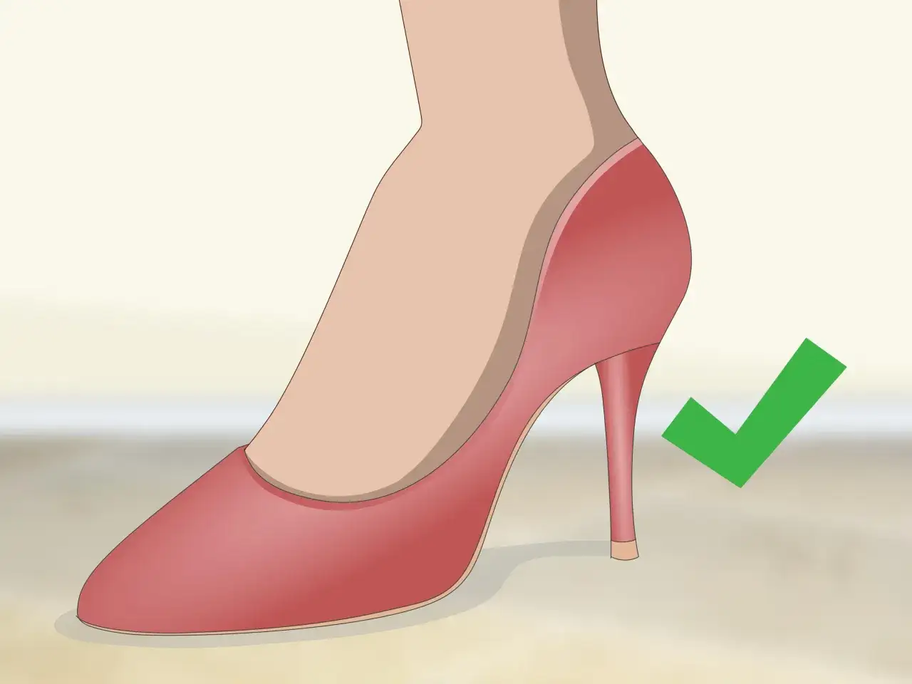 Ilustración de un zapato de tacón rojo, mostrando cómo se mide el tacon de un zapato. Un visto bueno verde aparece al lado.