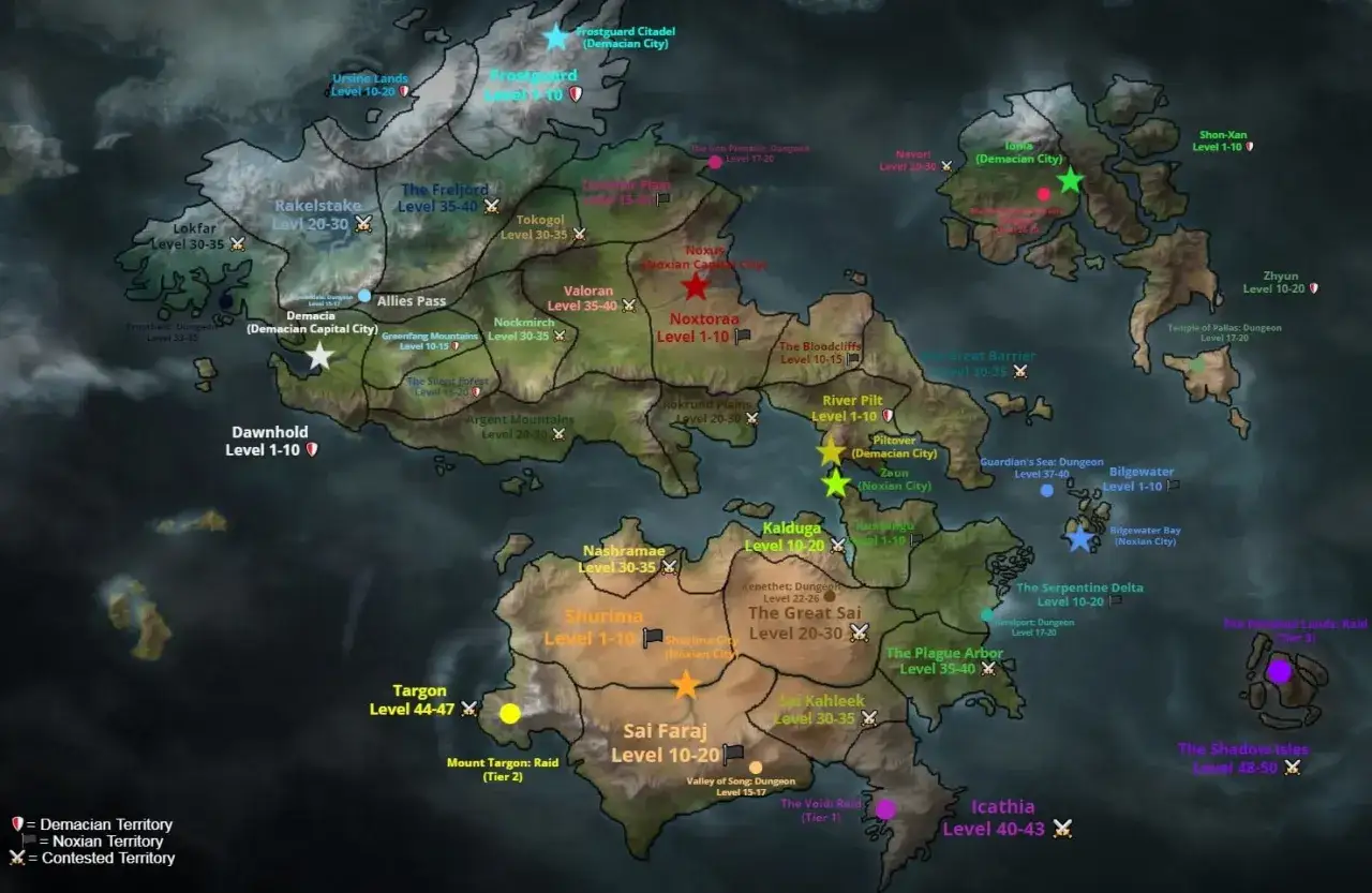 Mapa świata gry MMORPG od Riot Games, ukazująca terytoria Demacii, Noxii i obszary sporne, z nazwami lokacji i poziomami.