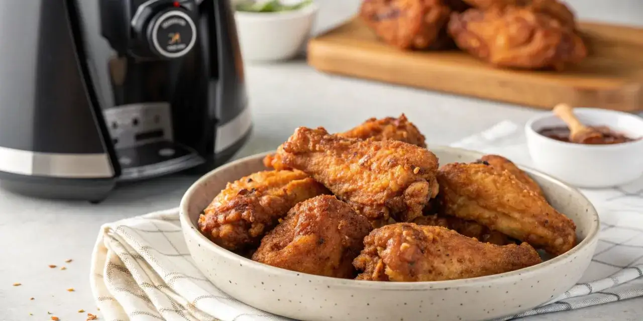 Knusprige Chicken Wings aus dem Airfryer in einer Schüssel, daneben eine kleine Schale mit Dip und ein Teil des Geräts.