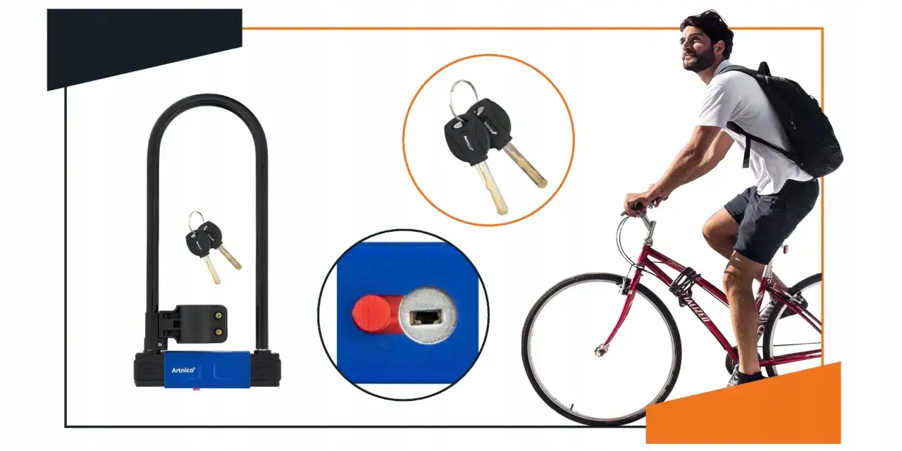 Solidne zabezpieczenie roweru przed kradzieżą: gruby U-lock, kluczyki i zbliżenie na mechanizm zamka.