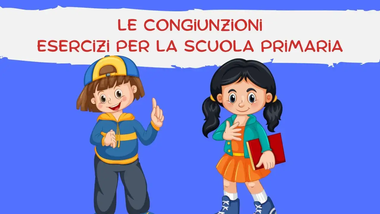 Bambini sorridenti imparano le congiunzioni, esercizi per la scuola primaria.