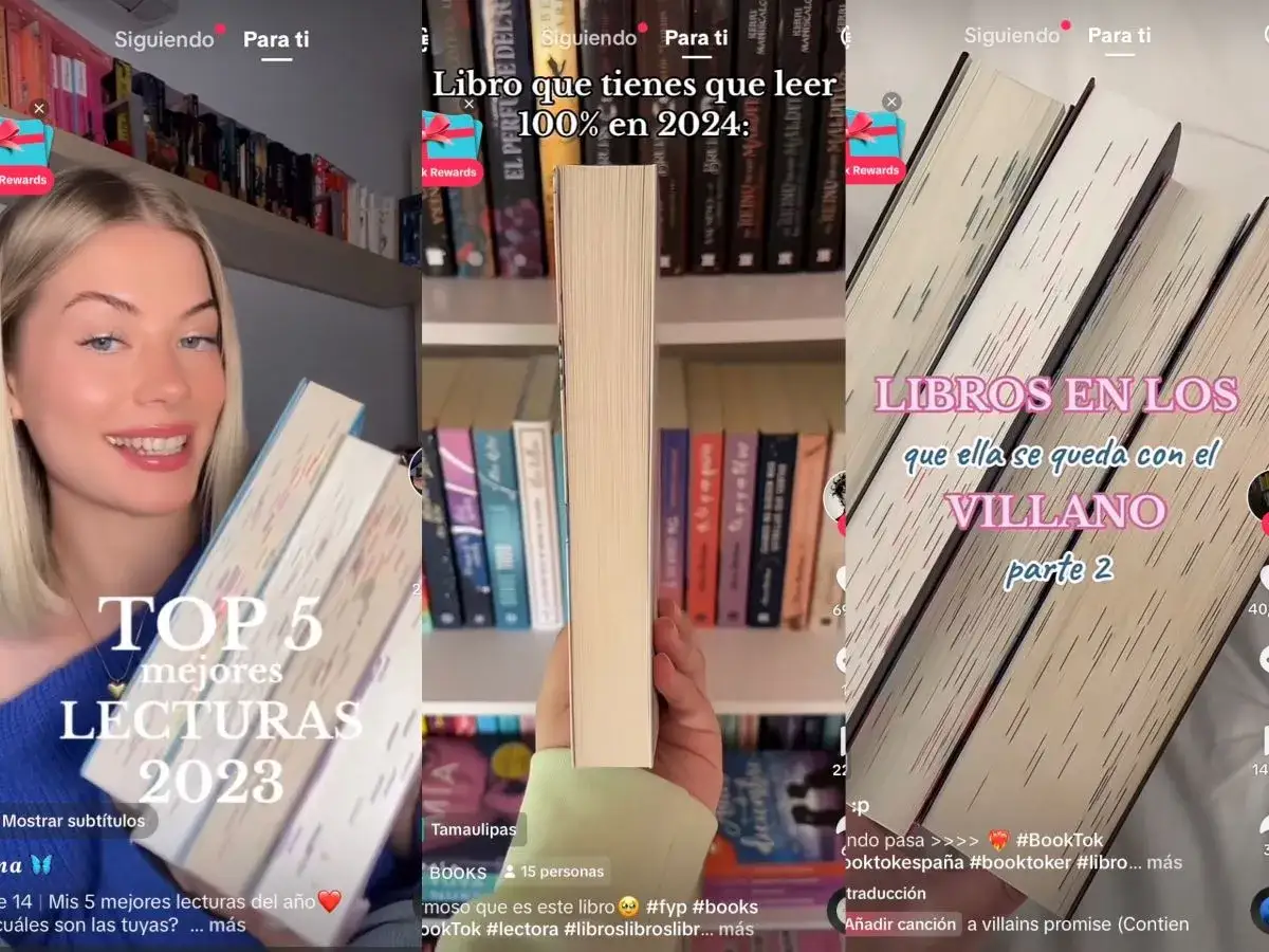 Un collage de videos de BookTok. Una joven muestra sus 5 mejores lecturas de 2023. Otro video muestra un libro recomendado para 2024. El &uacute;ltimo video presenta libros donde te enamoras del villano.