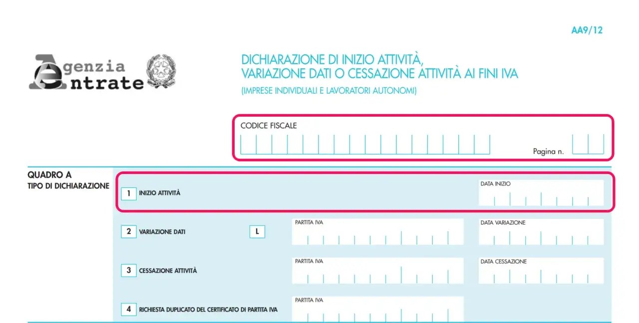 Moduli per dichiarare i diversi tipi di partita IVA: inizio, variazione o cessazione attività.