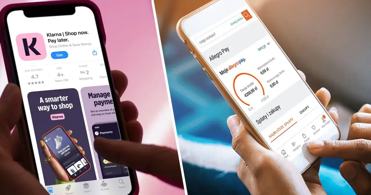Dwa telefony: jeden z aplikacją Klarna, drugi z Allegro Pay. Ułatwiają zakupy i płatności.