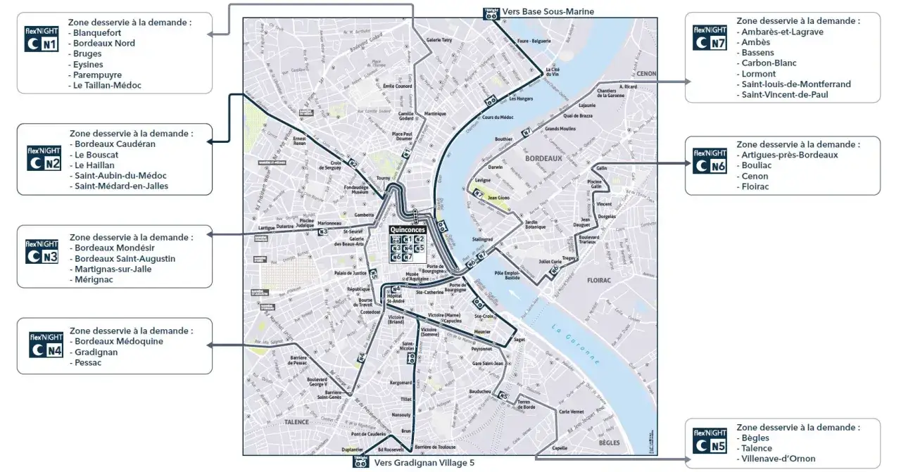 Mapa de transporte público de Burdeos. Rutas Flex'NIGHT CN1-CN7 y sus zonas de servicio.