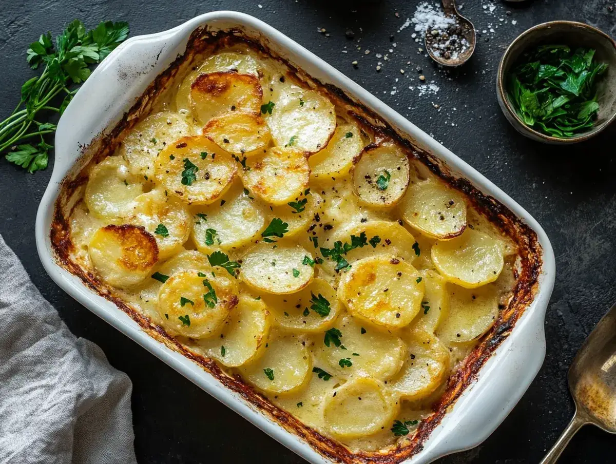 Gratinerad potatis i krämig sås, ett klassiskt potatis recept. Garnerad med persilja.