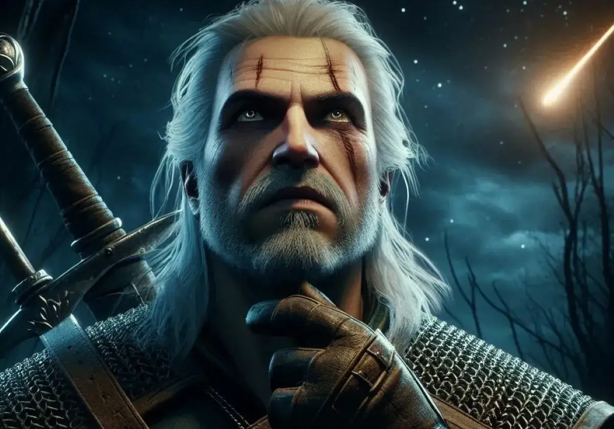 Geralt z Rivii, symbol polskiej kreacji bohatera, z mieczem i bliznami, w kontraście do anglosaskich archetypów.