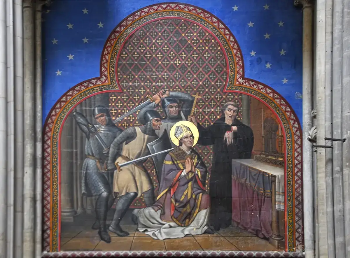 Martyre de Thomas Becket, agenouillé et priant, face à des chevaliers armés de leurs épées. Un moine observe la scène.