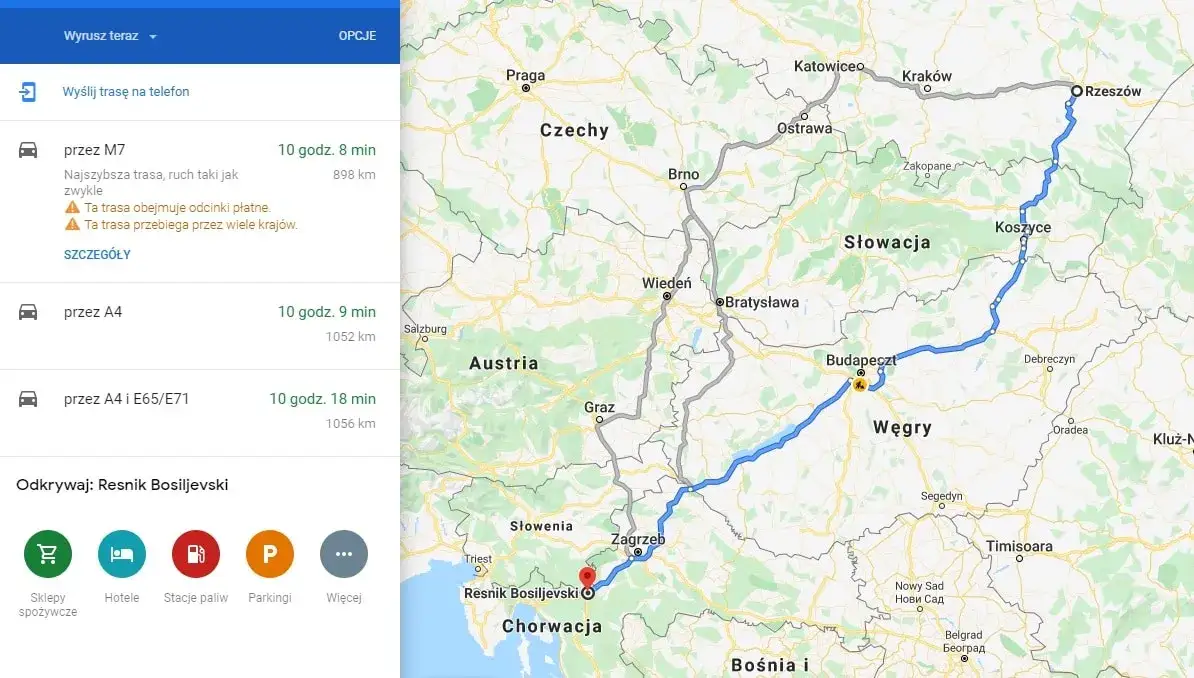 Mapa trasy Polska Chorwacja samochodem