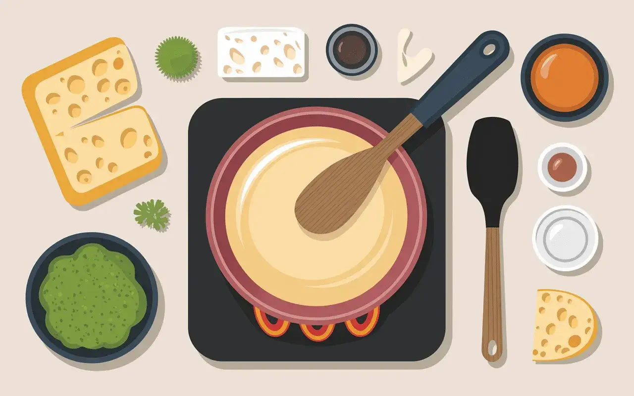 Préparation d'une sauce pour raclette avec du fromage fondu, des herbes et des accompagnements.