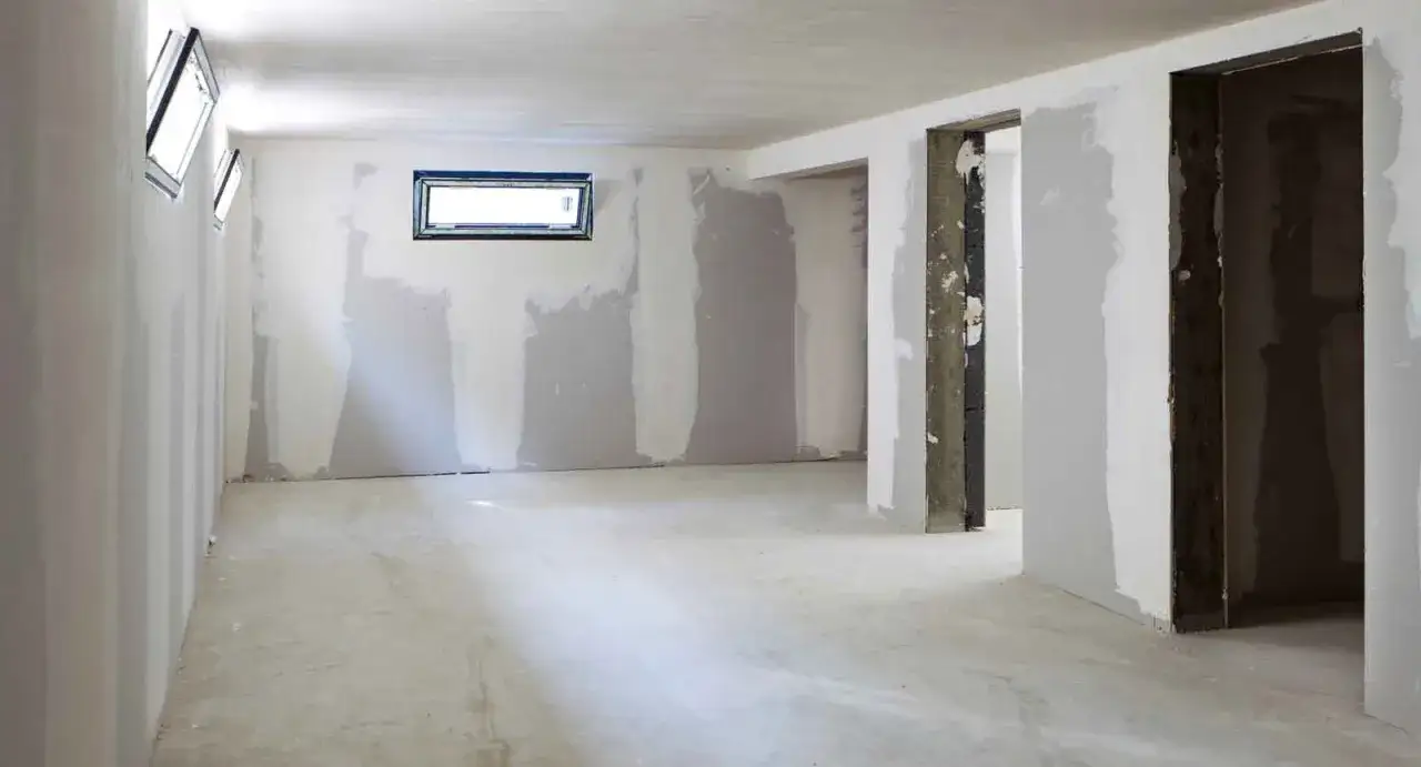 Intérieur en cours de finition, murs plâtrés, sols bruts. Une entreprise de second oeuvre prépare cet espace pour sa transformation.