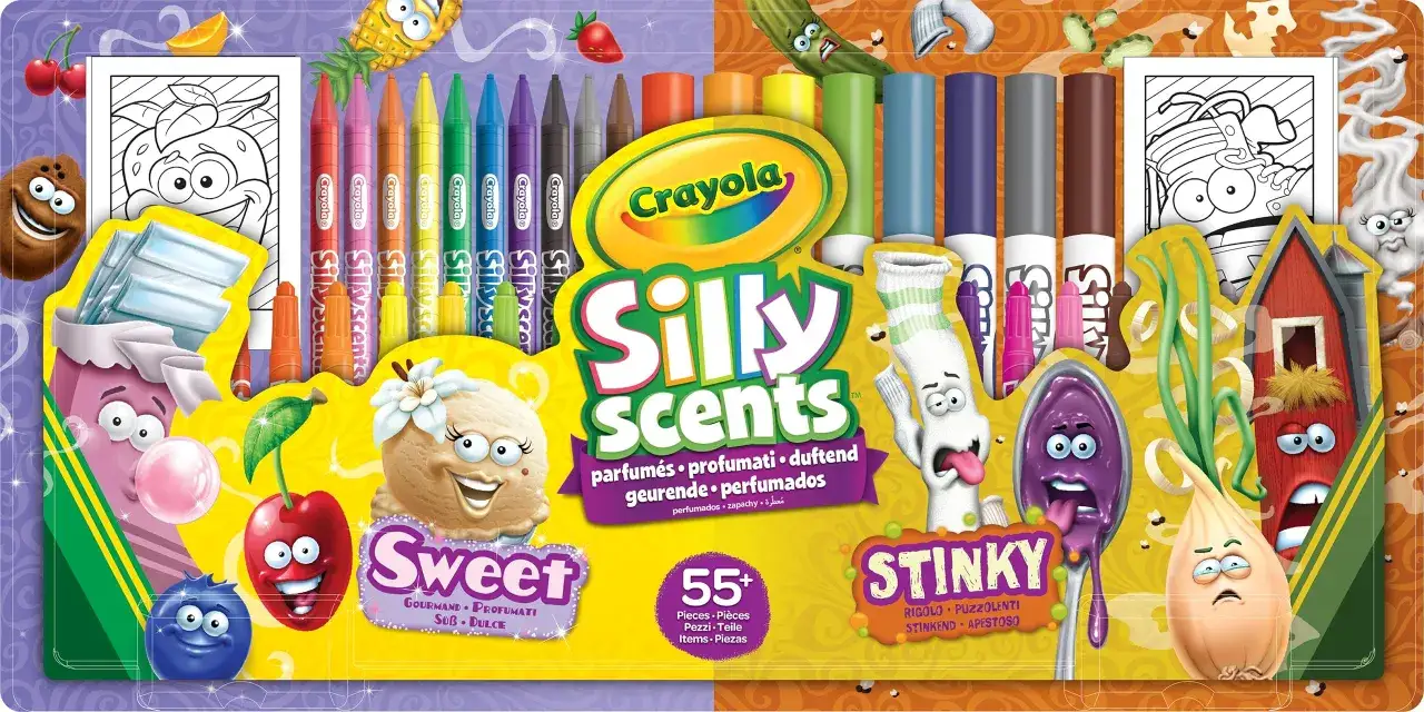 Crayola Silly Scents blåspennor barn med söta och stinkiga dofter. Färgglada pennor och ritblad för kreativ lek.
