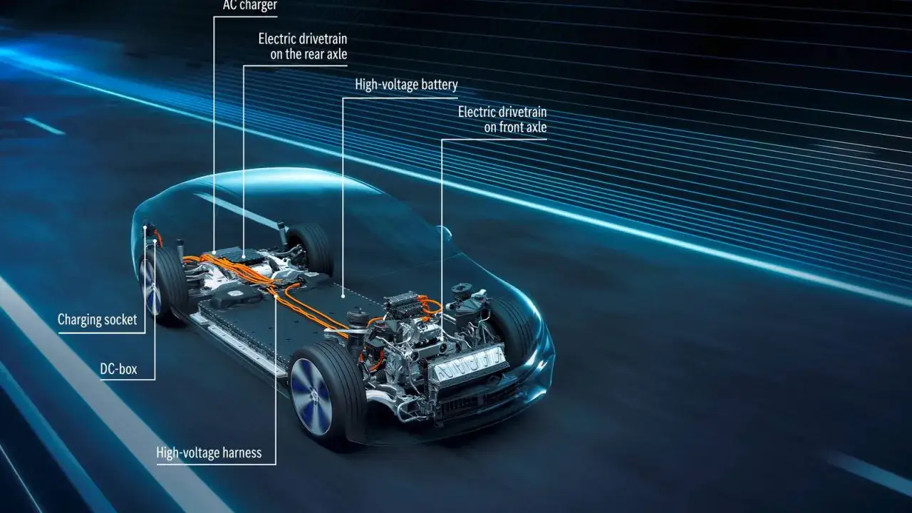 Schema di un'auto con motore elettrico: batteria, trasmissioni anteriori e posteriori, e cablaggi ad alta tensione.