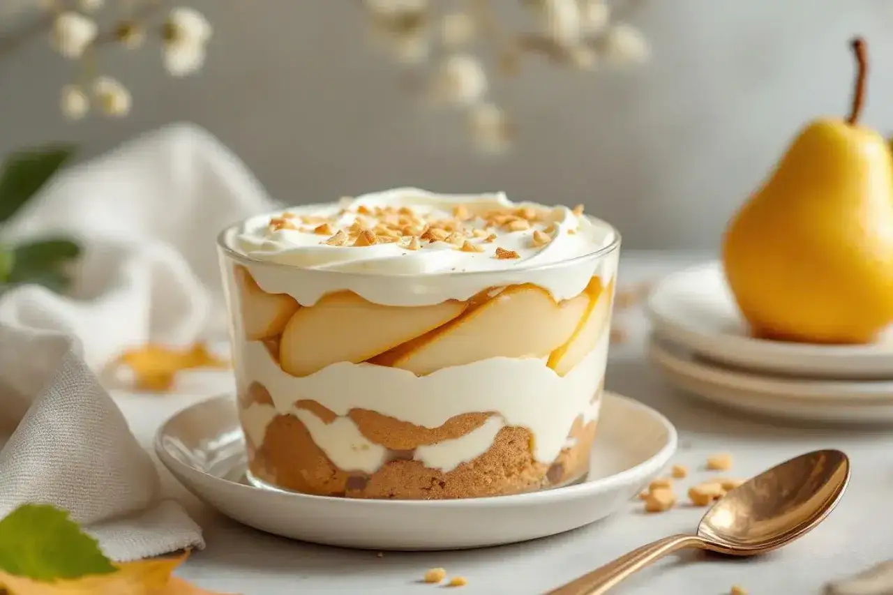 Un délicieux tiramisu vanille aux poires, superposé dans un verre avec de la crème fouettée et des éclats de noisettes.
